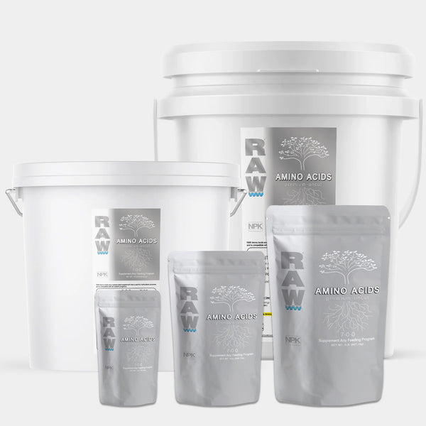 RAW Amino Acids supplement, showing product packaging available in multiple sizes from 2oz to 25lb.