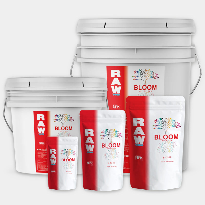 RAW Bloom all-in-one water soluble fertilizer, balanced NPK flowering stage base nutrient with essential minerals and supplements.