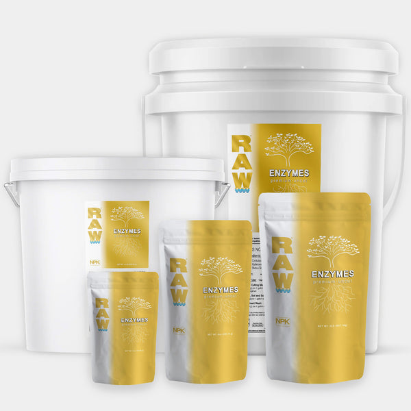 RAW Enzymes supplement, concentrated blend of cellulase, xylanase, and beta-glucanase enzymes, water-soluble powder for soil, hydroponics, and foliar use, available in multiple sizes.