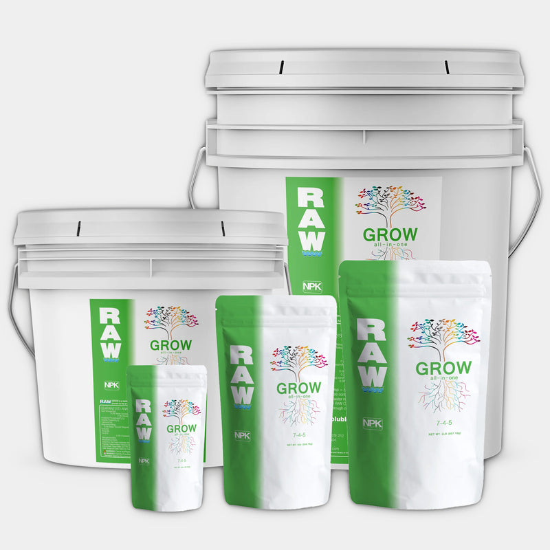 RAW Grow all-in-one water soluble fertilizer, balanced NPK vegetative stage base nutrient with essential minerals and supplements.