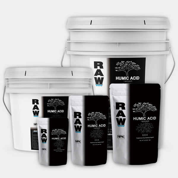 RAW Humic Acid fertilizer 0-0-4 with soluble potash, concentrated water-soluble humic acid derived from leonardite, available in multiple sizes for soil, hydroponics, and foliar use.
