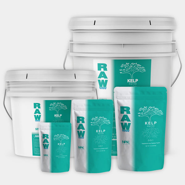 RAW Kelp fertilizer 0-0-1, 99% water-soluble Ascophyllum nodosum seaweed extract, dry kelp powder supplement for soil, hydroponics, and foliar applications, available in multiple sizes.