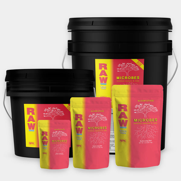 RAW Microbes Bloom beneficial bacteria and fungi supplement for the bloom stage, high CFU count, water soluble, double tested for quality, supports soil, coco, and hydroponic systems.