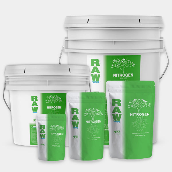 RAW Nitrogen fertilizer, water-soluble ammonium sulfate with 20% ammonium nitrogen, supplement for soil, hydroponics, and foliar feeding programs, available in multiple sizes.