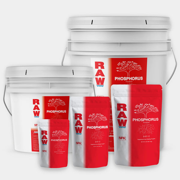 RAW Phosphorus fertilizer, water-soluble phosphate with 61% phosphorus and 9% ammonium nitrogen, concentrated powder supplement for soil, hydroponics, and foliar feeding, available in multiple sizes.