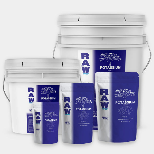 RAW Potassium fertilizer, 50% water-soluble potash derived from potassium sulfate, concentrated dry powder supplement for soil, hydroponics, and foliar feeding, available in multiple sizes.
