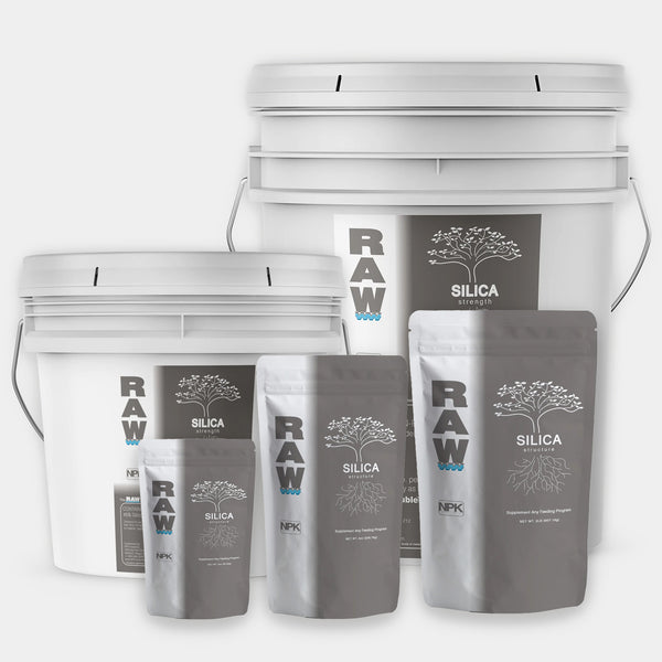 RAW Silica supplement, 45% silicon dioxide biogenic silica in water-soluble powder form, fertilizer additive for soil, hydroponics, and foliar use, available in multiple sizes.