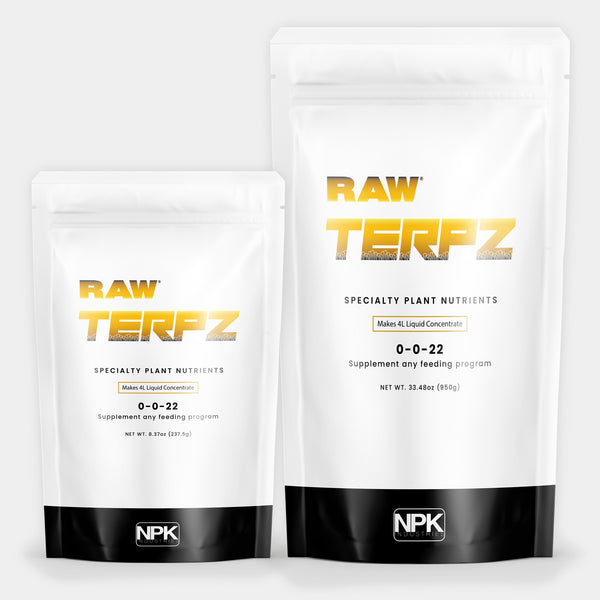 RAW Terpz potassium + amino acid supplement, water-soluble powder for terpene and aroma programs in soil, coco, hydro; available in multiple sizes.