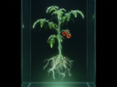 A tomato plant glowing with green energy flowing from its roots up the stem to the leaf tips