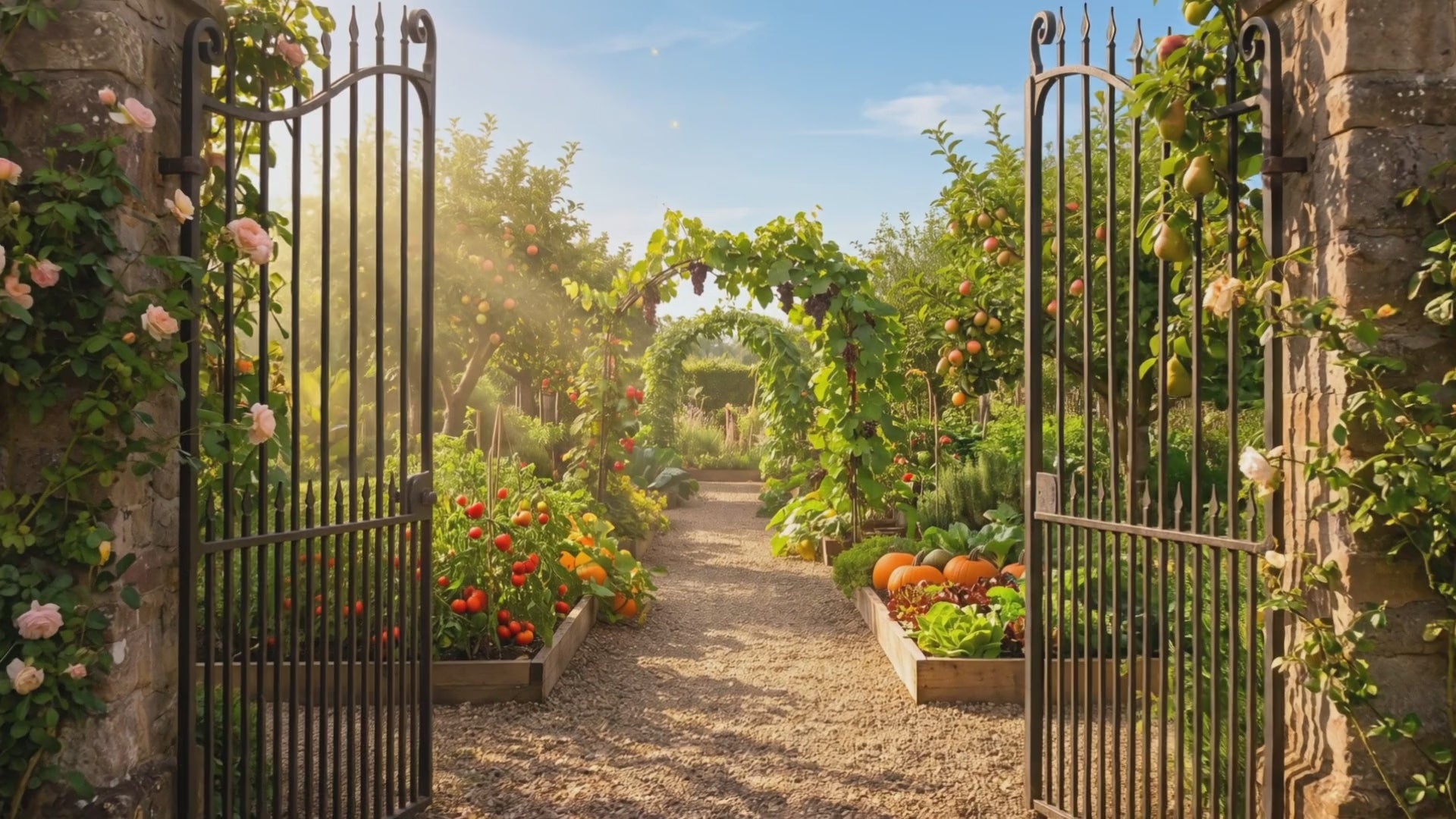Walking through open garden gates into a bountiful fruit and vegetable garden
