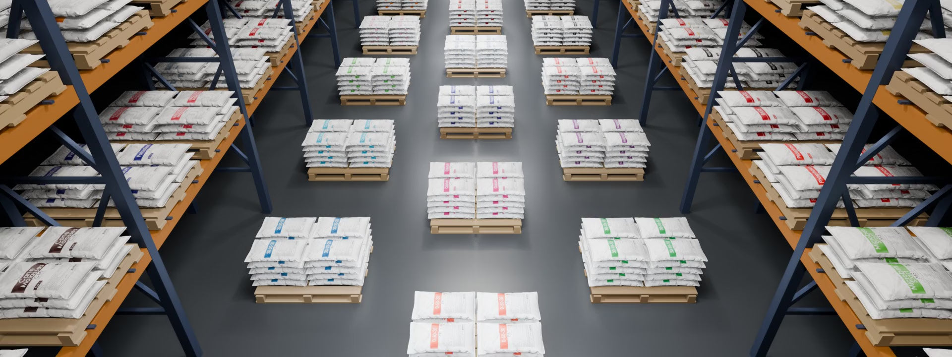 KALIX warehouse aisle - looping fly-through over stacked pallets of product