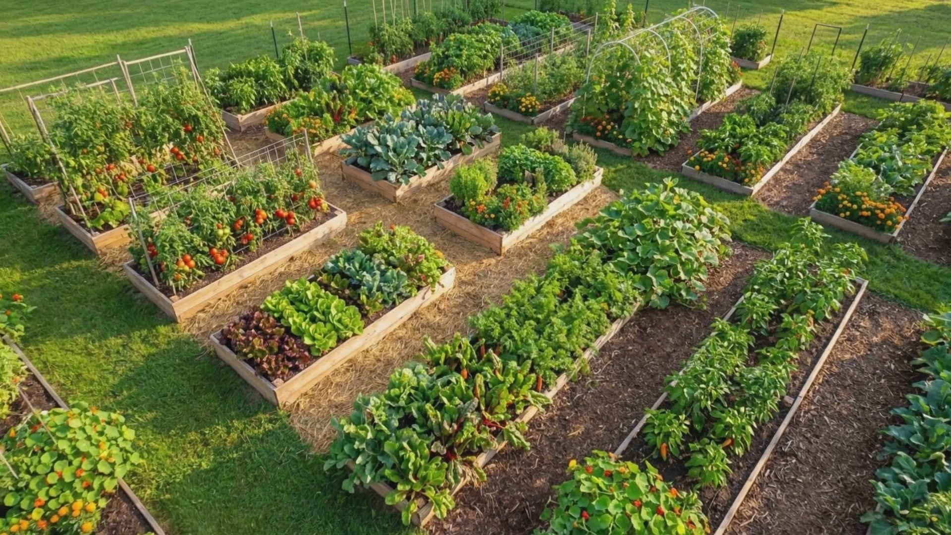 Drone fly-over of an abundant vegetable garden