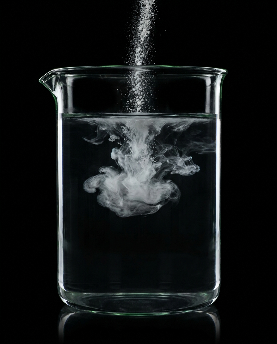 White soluble powder pouring into a glass beaker of dark water and dissolving completely, leaving no sediment